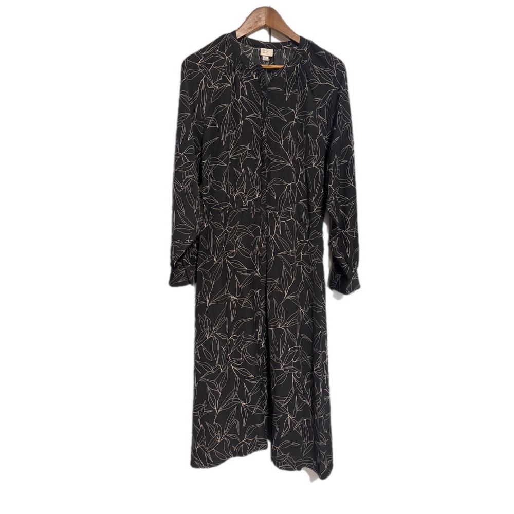 A New Day Midi Dress Womens Large Black Leaf Print Excellent Long Sleeve Button
